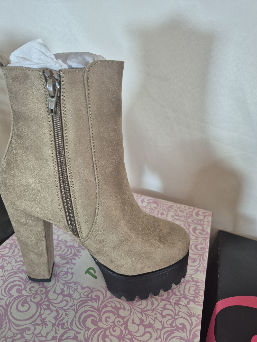 Chunky Platform Ankle Boots in Taupe Suede